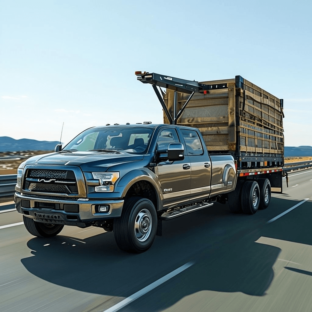 Pickup with flatbed trailer hauling a crate